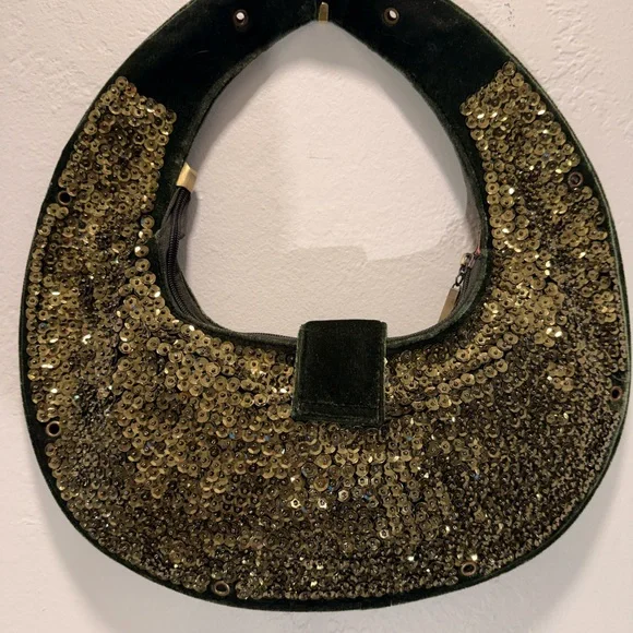 Big Buddha Emerald Velvet & Beaded Sequin Handbag - Gold Hardware - Rare - Picture 3 of 9